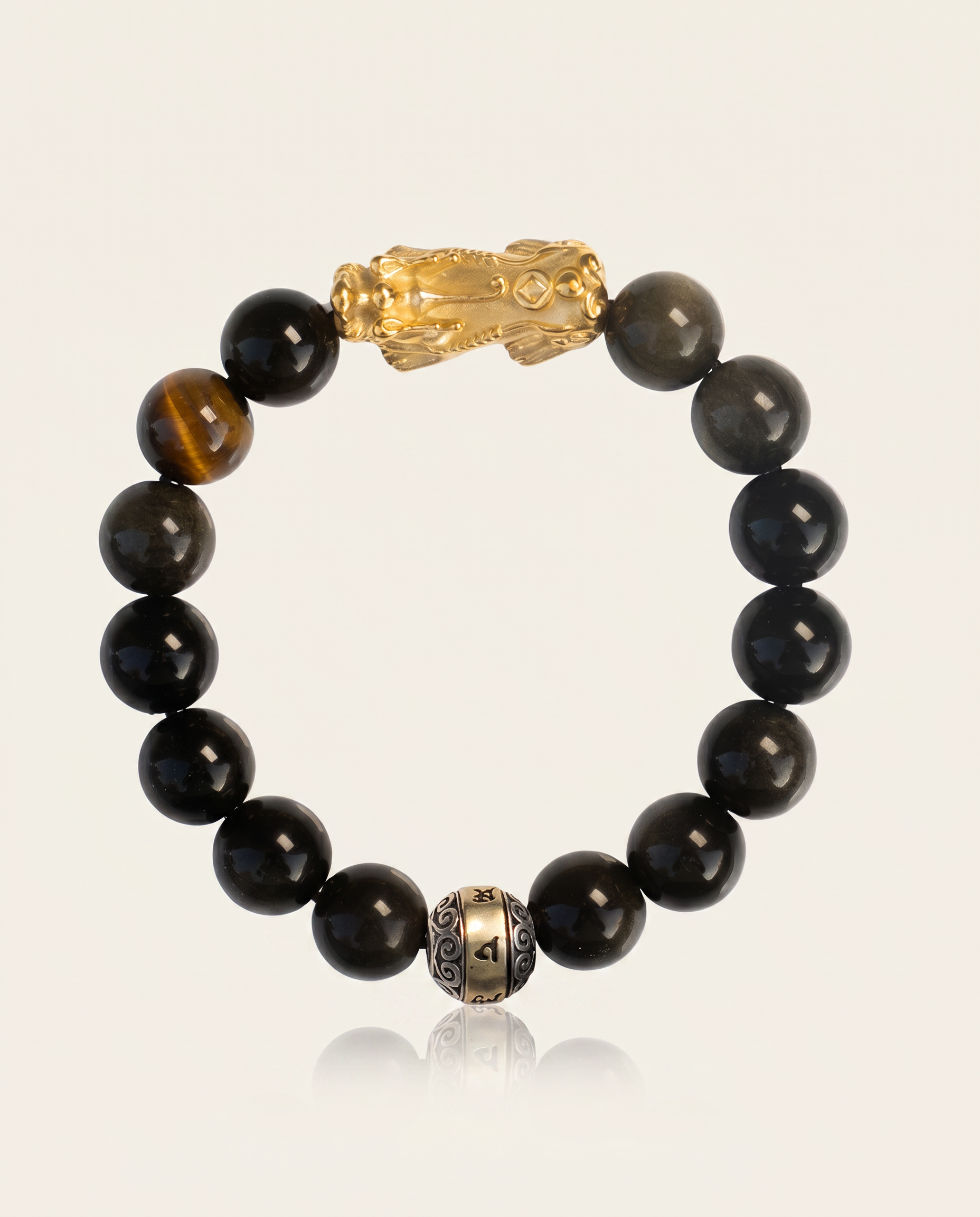 Courage Charm Pixiu Dragon Obsidian & Tiger Eye Bracelet - studio photo