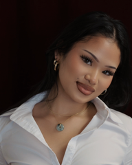 Jade bi disc necklace worn by model