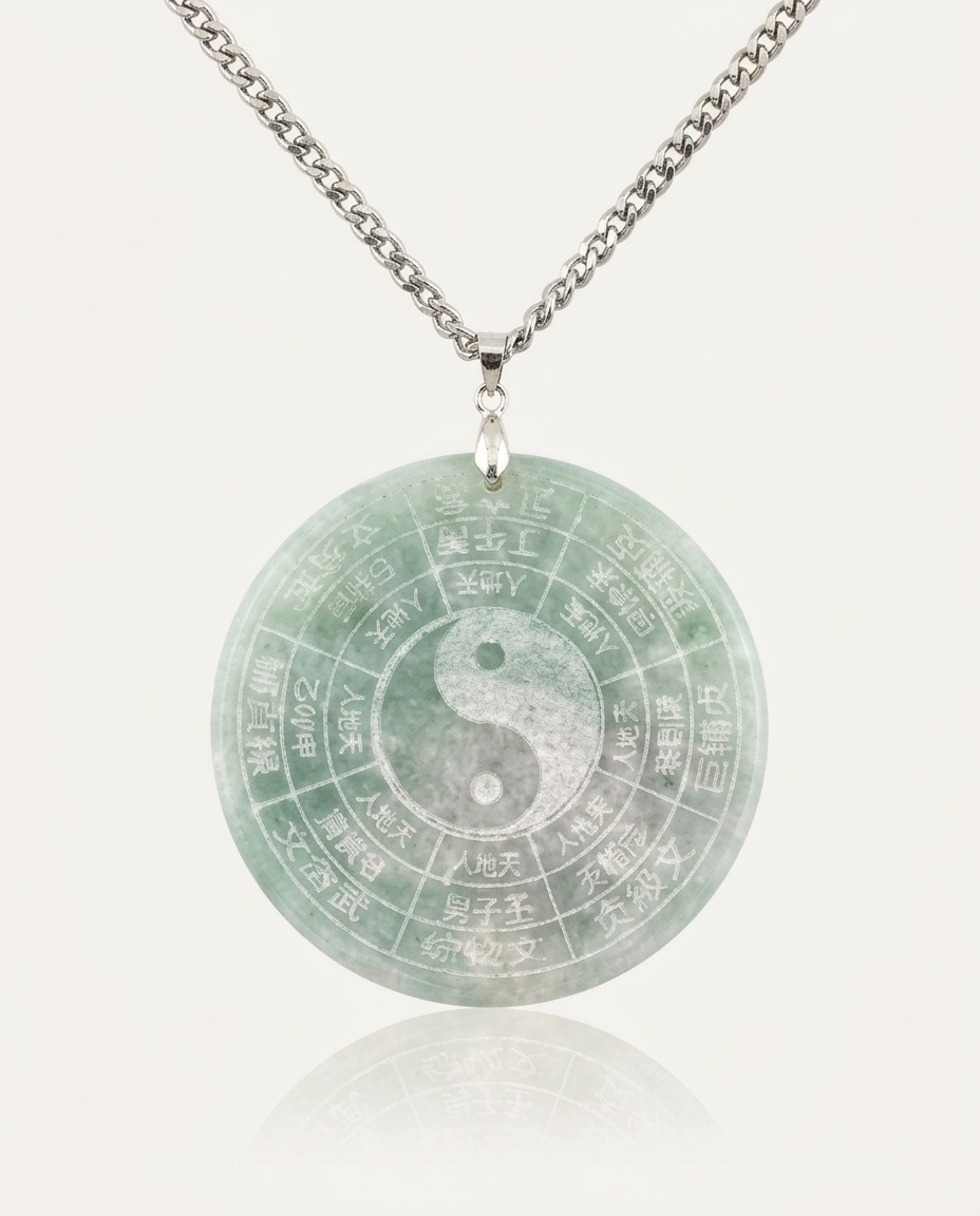 Jade Yin Yang Bagua Necklace on ivory background