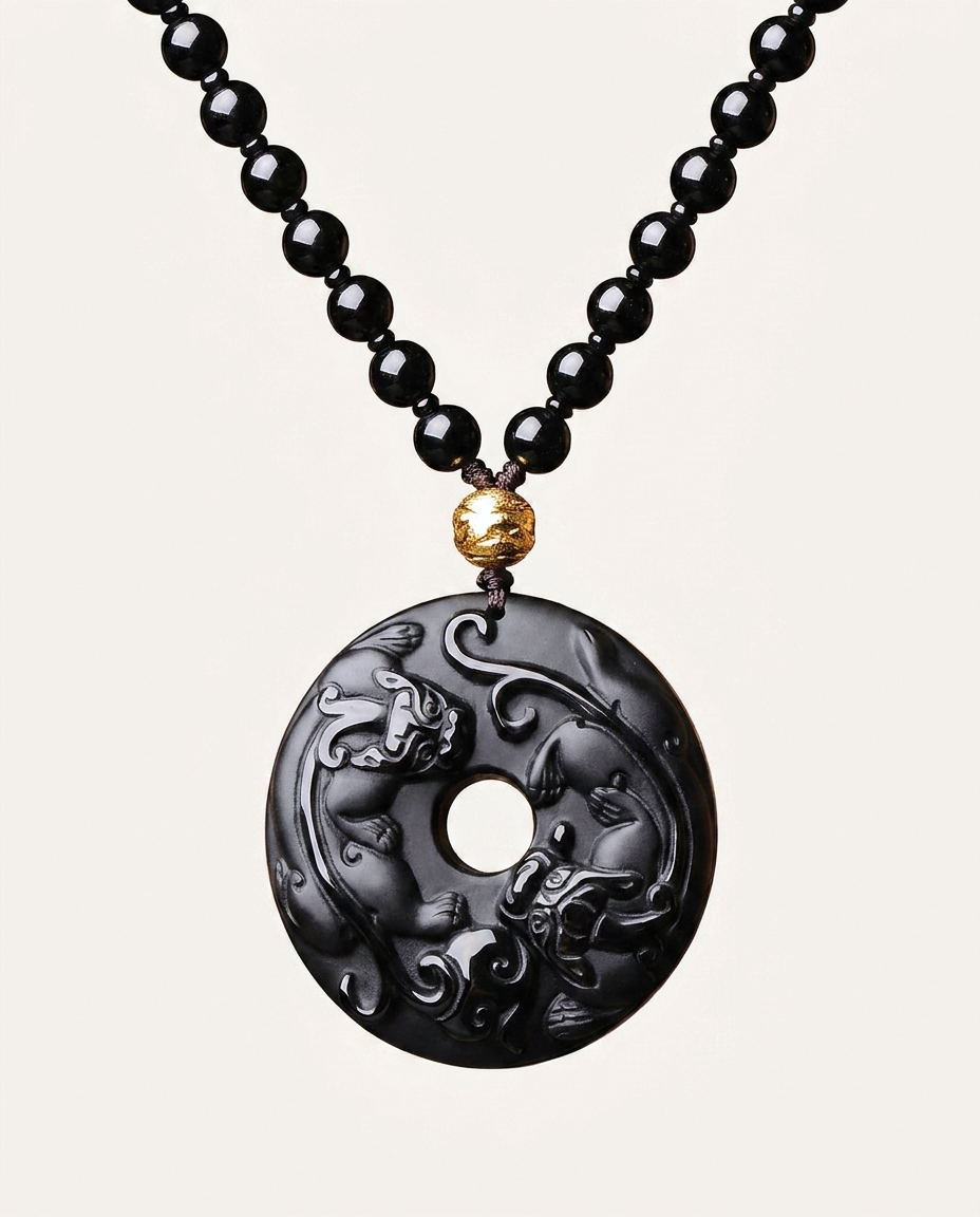 Twin Pixiu obsidian pendant necklace on ivory studio background