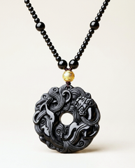Coiled Pixiu obsidian pendant necklace on ivory studio background