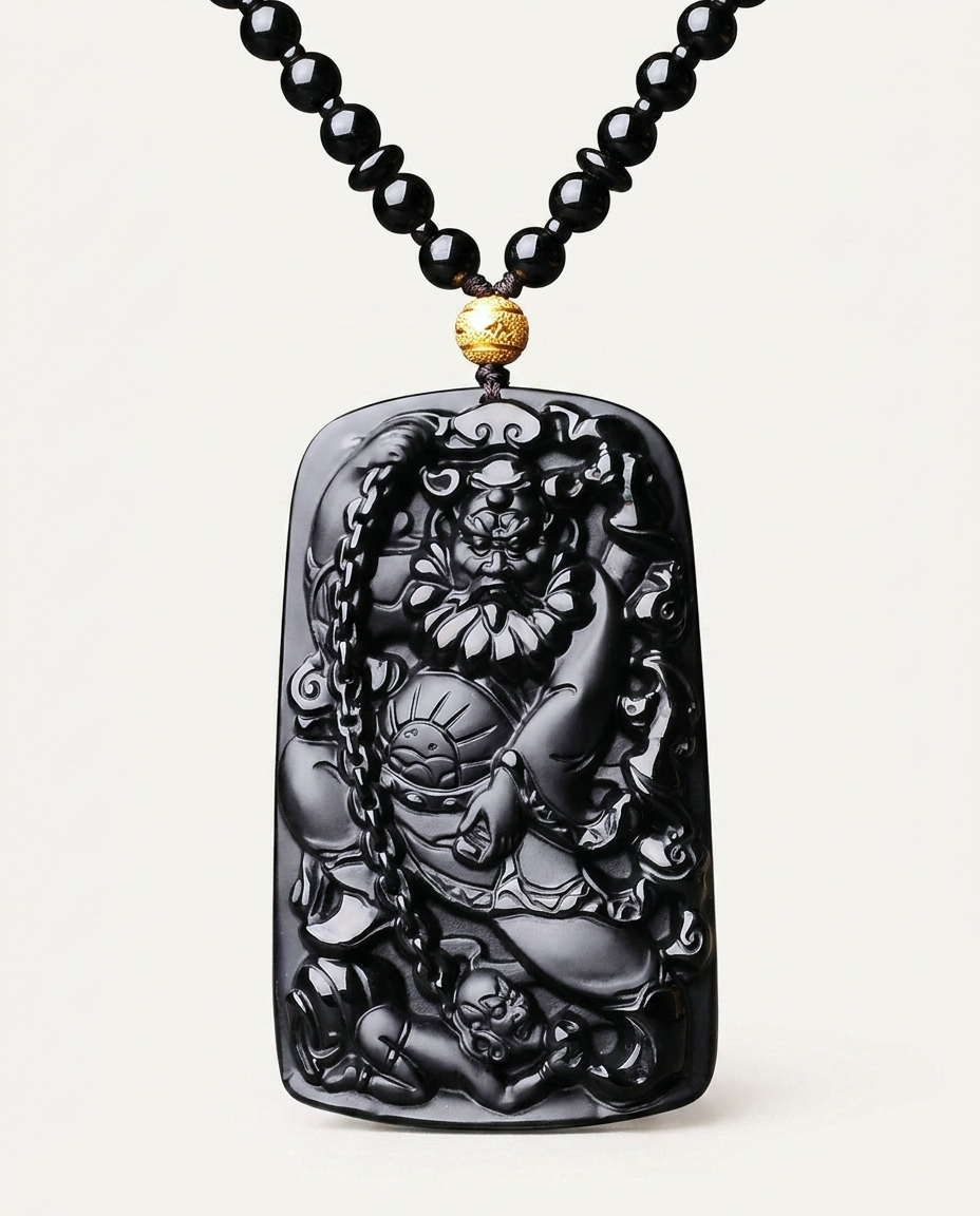 Zhong Kui obsidian pendant necklace on ivory studio background