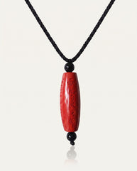 Six Character Mantra Cylinder cinnabar necklace on ivory studio background