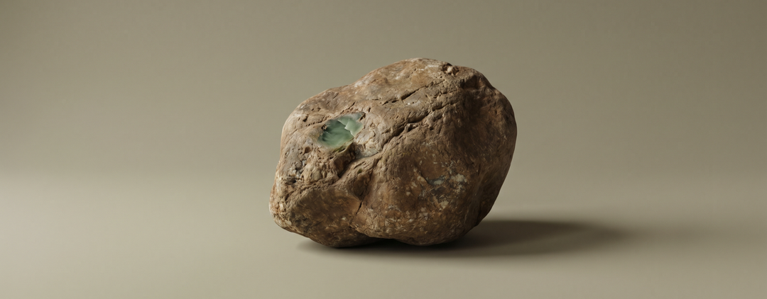 Jade collection — raw jade boulder on dry moss greige