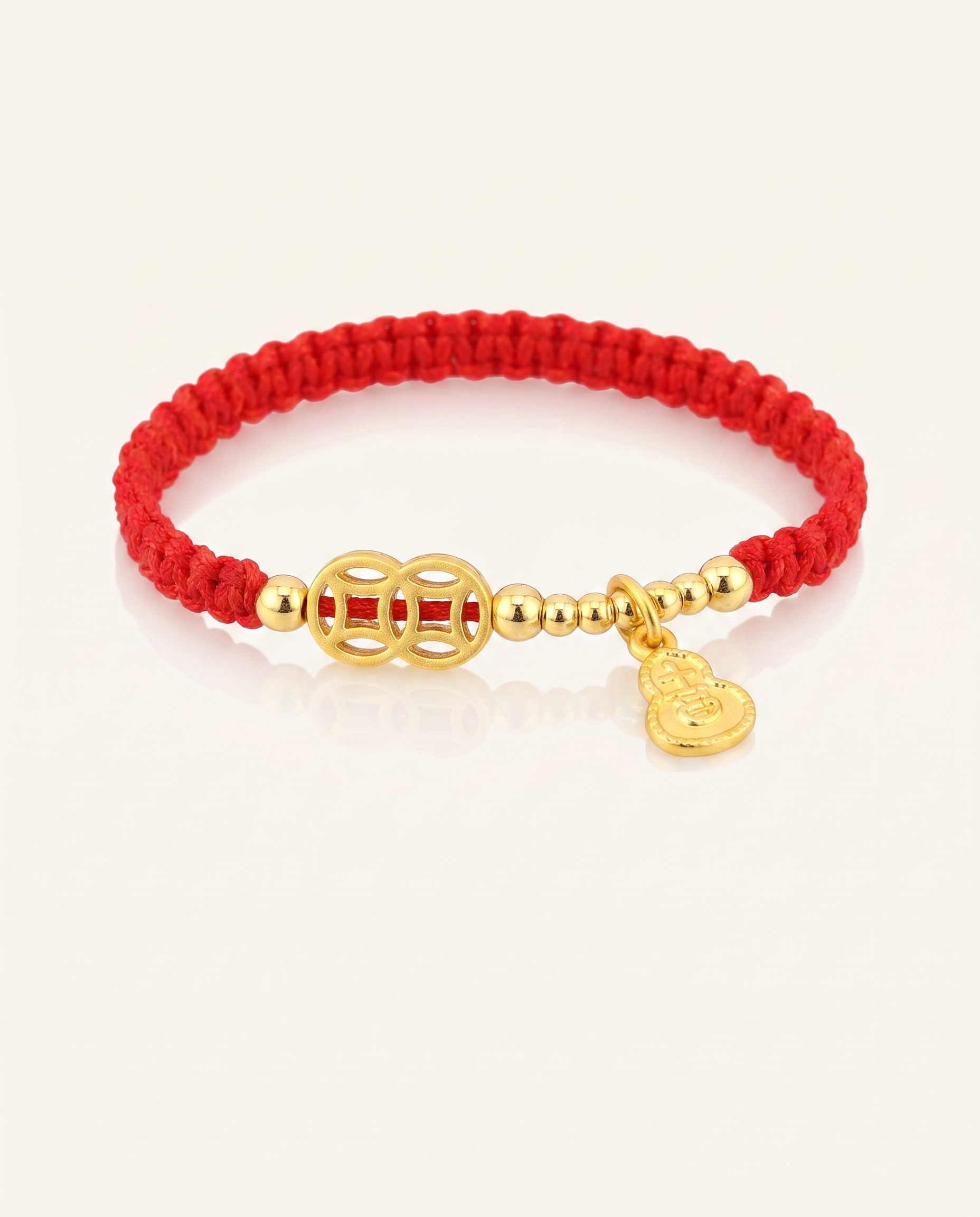 Coins with Hulu Red String Bracelet, detail view