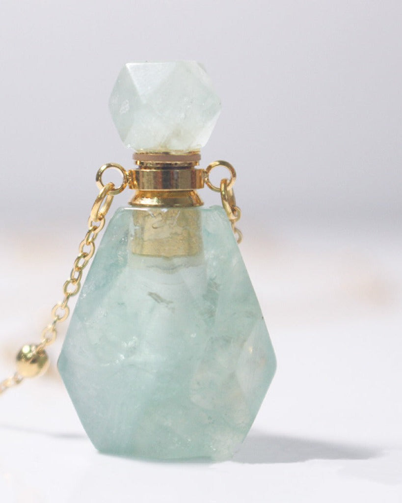 Green Fluorite Crystal Potion Bottle Necklace with Gold Chain, alternate view
