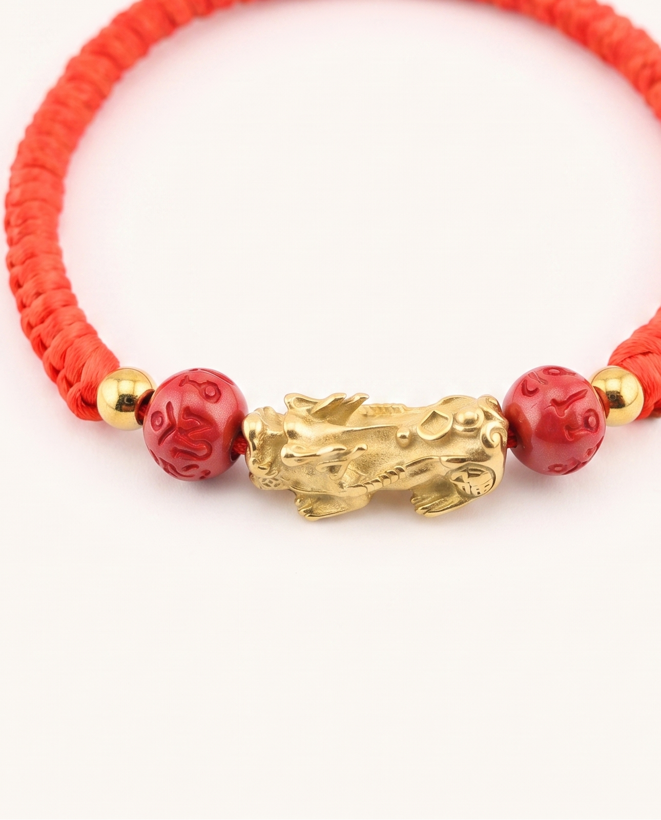 Pixiu Dragon with Cinnabar Lucky Coin Beads Red String Bracelet, alternate view