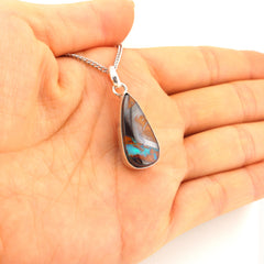 Handmade Australian Boulder Opal Pendant Necklace Sterling Silver Teardrop cabochon