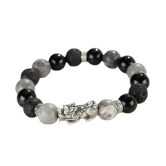 Shadow Shield Wealth Charm  |  Silver Pixiu Obsidian Bracelet