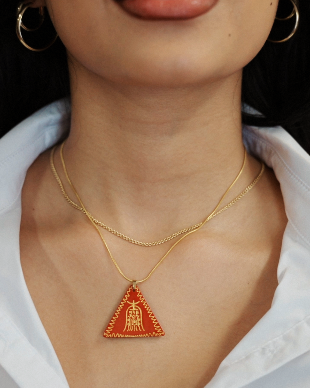 Amitabha triangle cinnabar pendant necklace worn on gold chain