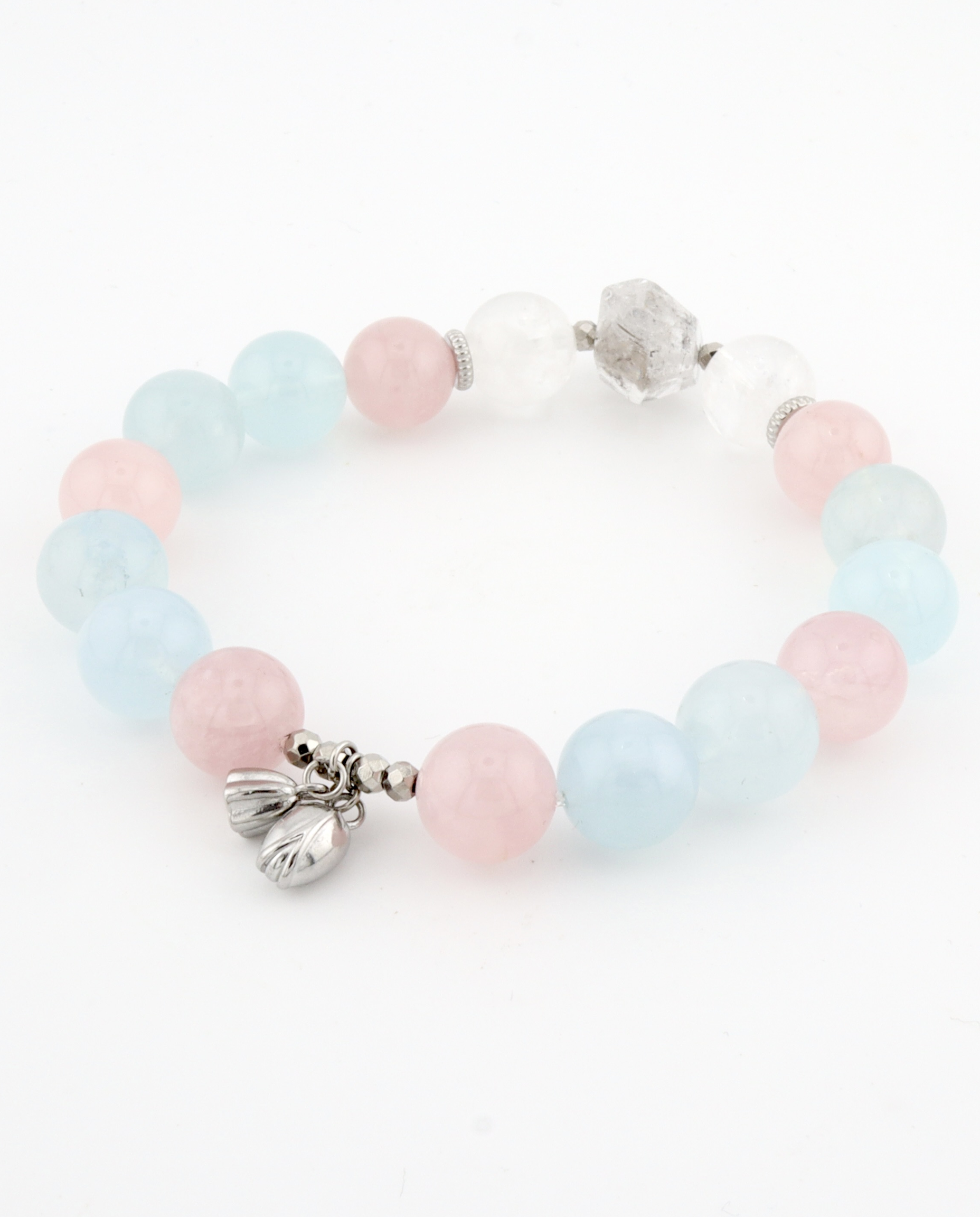 Aquamarine and rose quartz crystal bracelet, charm detail