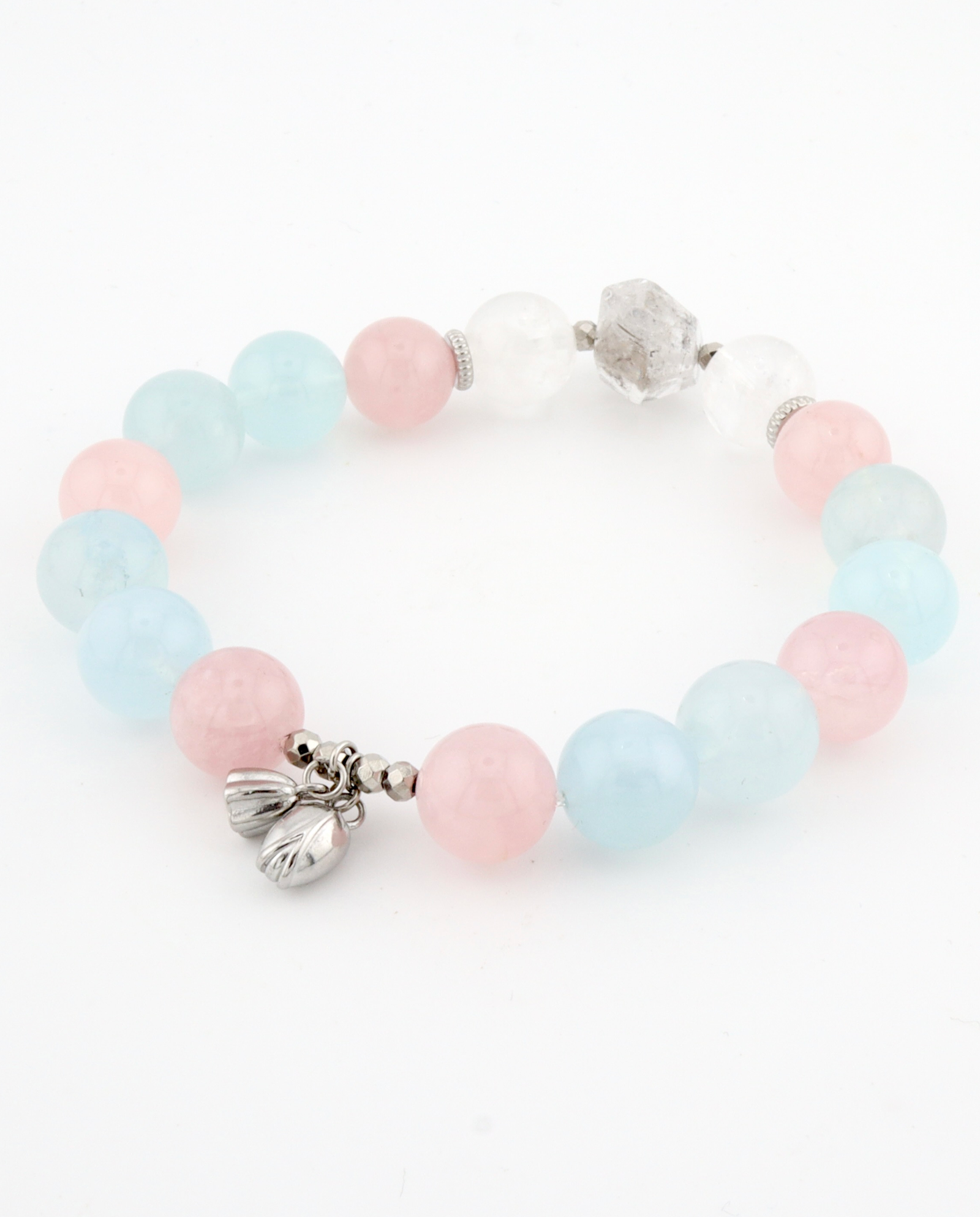 Aquamarine and rose quartz crystal bracelet, charm detail