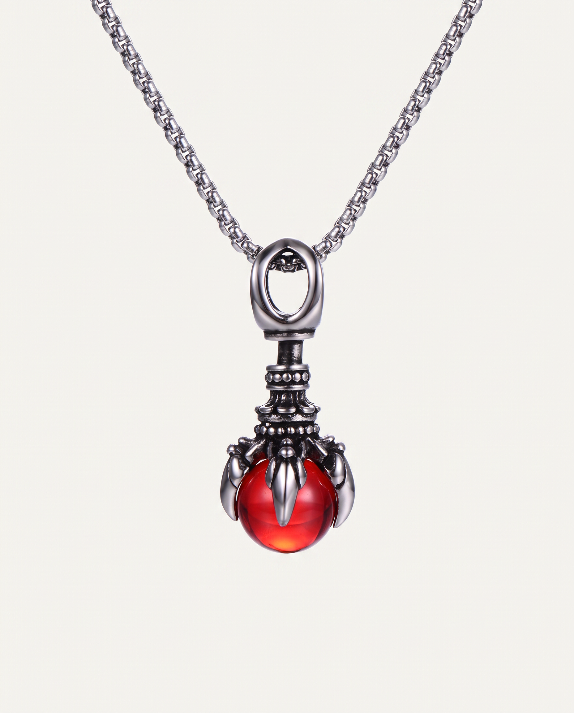 Dragon Claw Steel Necklace, red glass bead, on box chain
