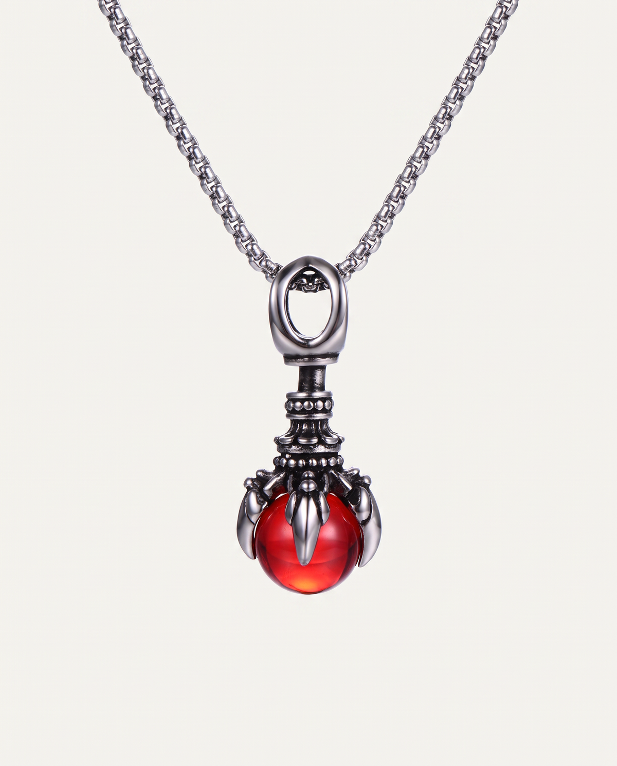 Dragon Claw Steel Necklace, red glass bead, on box chain