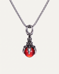 Dragon Claw Steel Necklace, red glass bead, on box chain