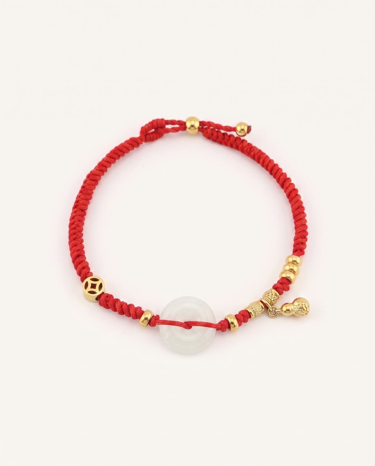 Jade with Hulu Health Charm Red String Bracelet, detail view