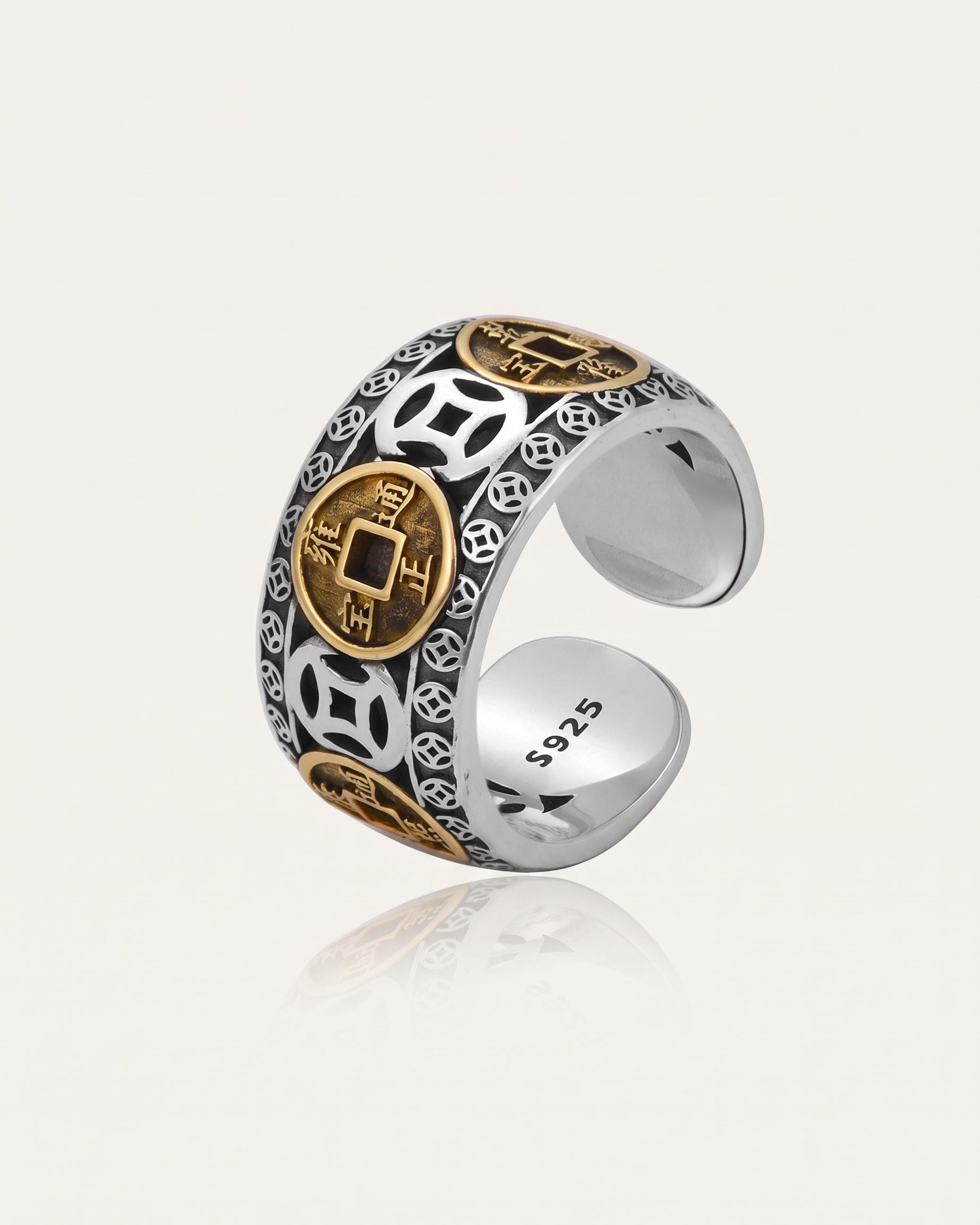 Five emperor coins ring, gold coins on silver band