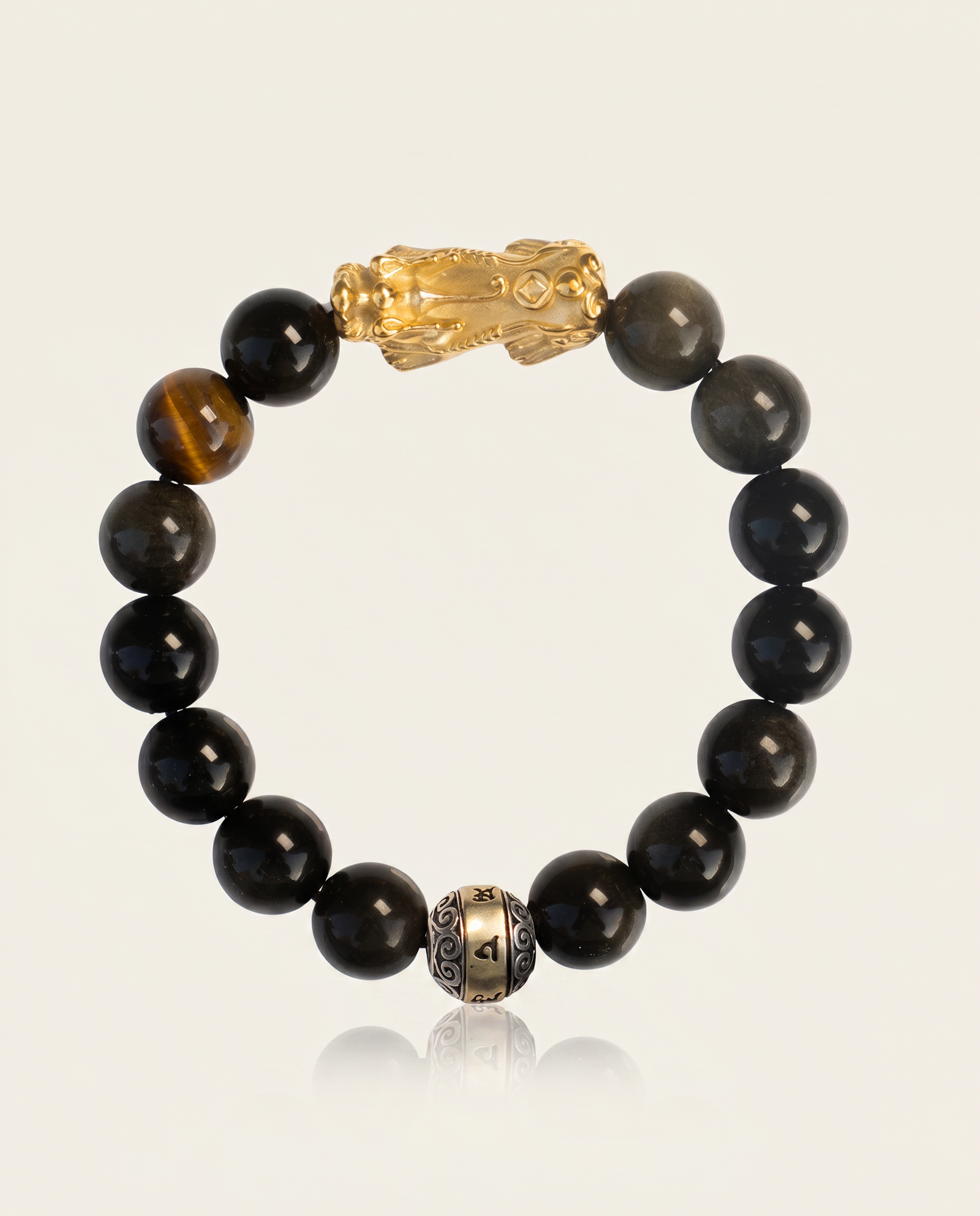 Courage Charm Pixiu Dragon Obsidian & Tiger Eye Bracelet - studio photo