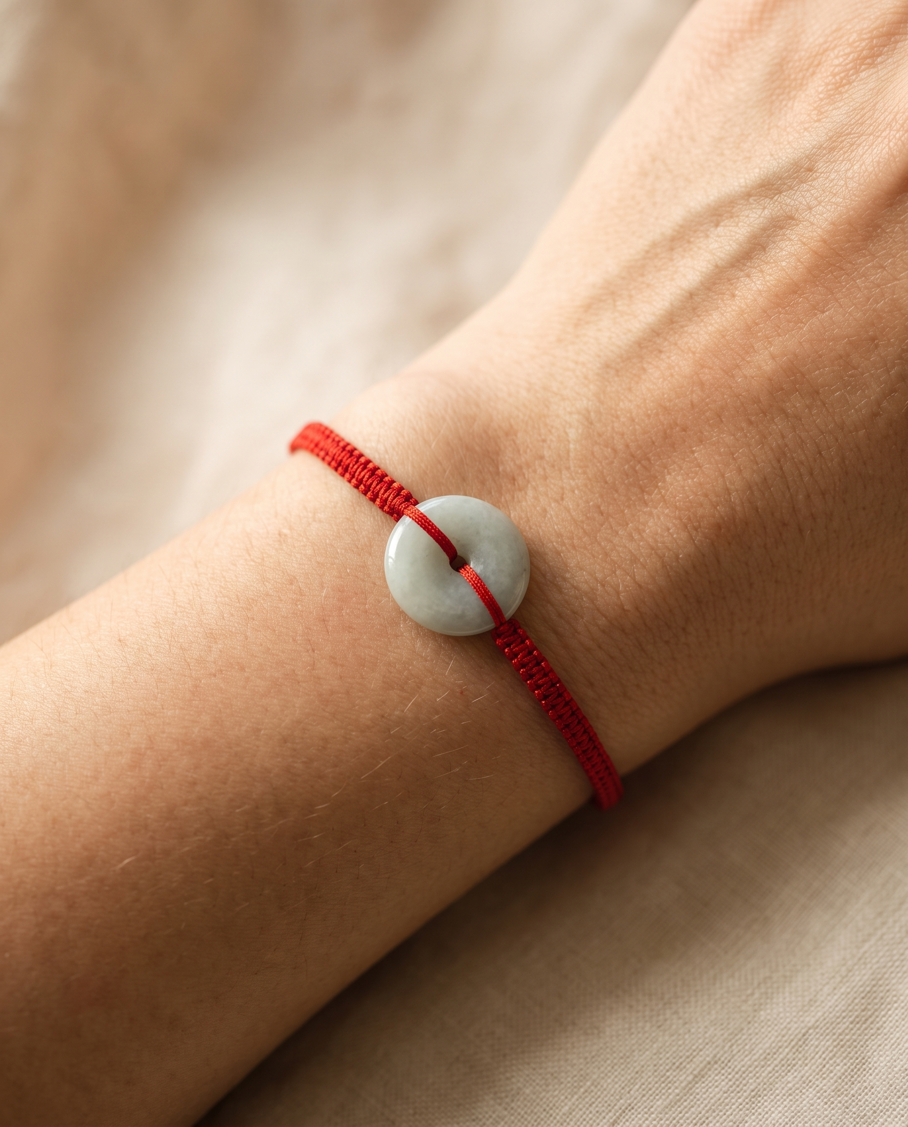 Jade Donut Adjustable Red String Bracelet worn on wrist