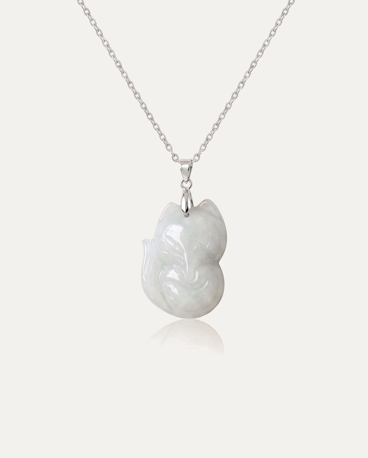 Jade fox necklace light silver on ivory background