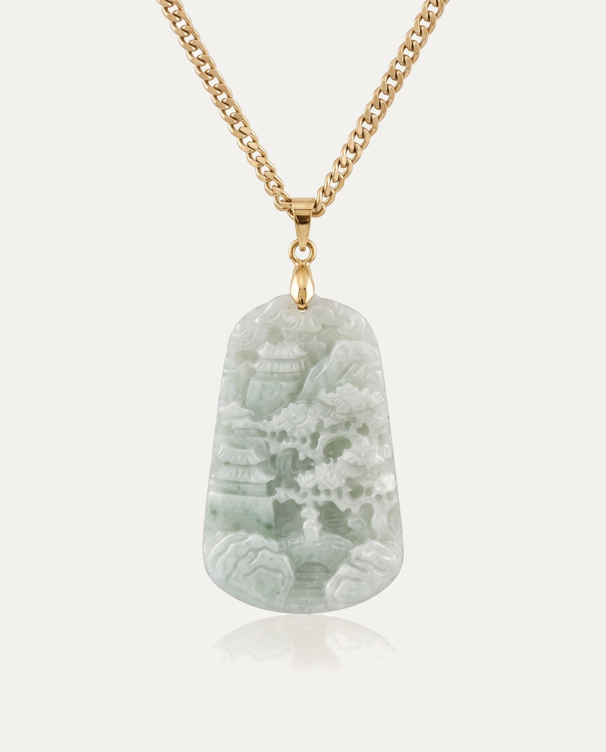 Light Jade Mountain Pavilion Necklace with gold chain on ivory background