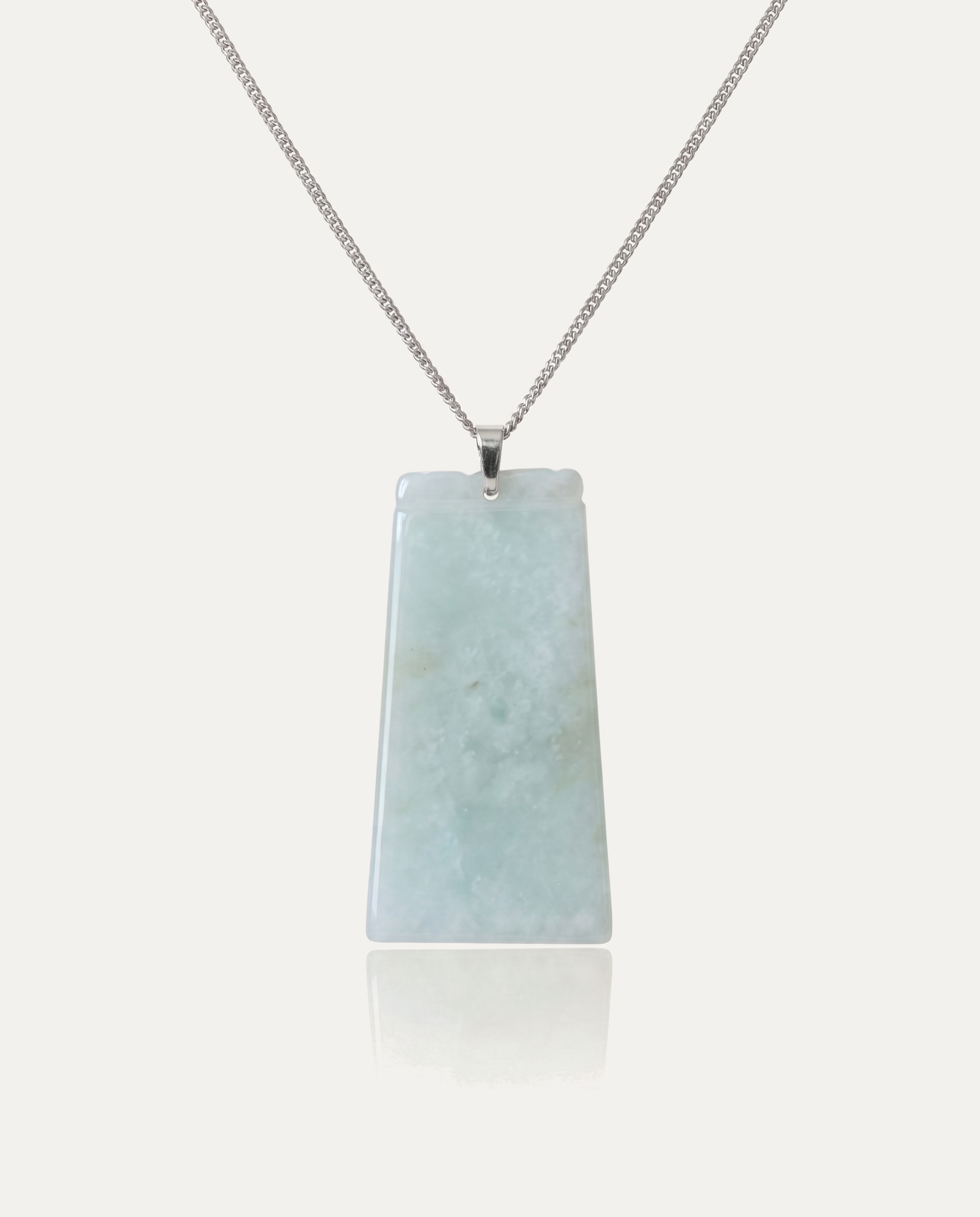 Jade Tablet Necklace with silver chain on ivory background