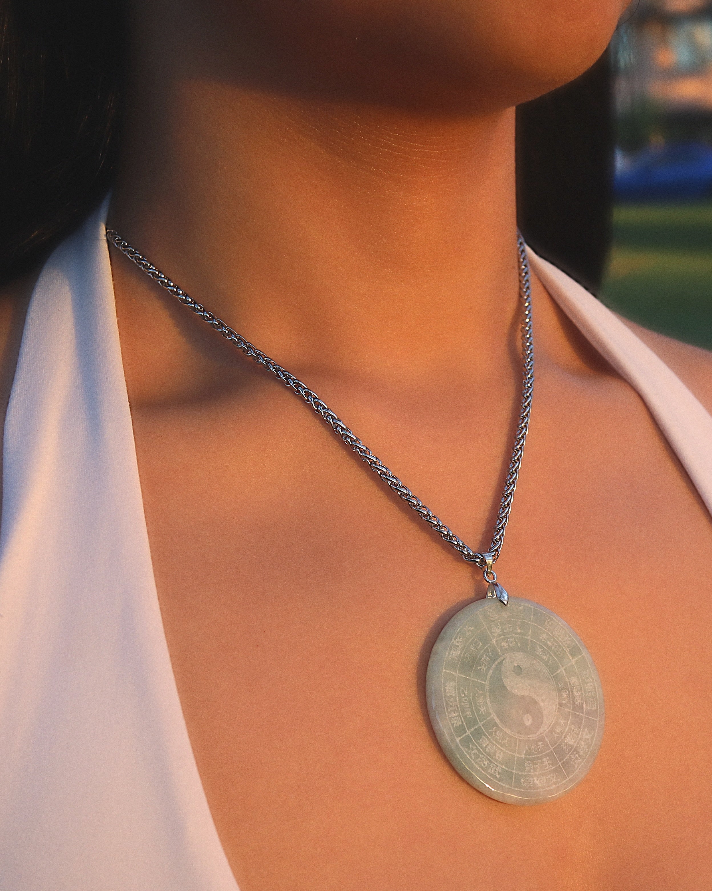 Jade Yin Yang Bagua Necklace worn