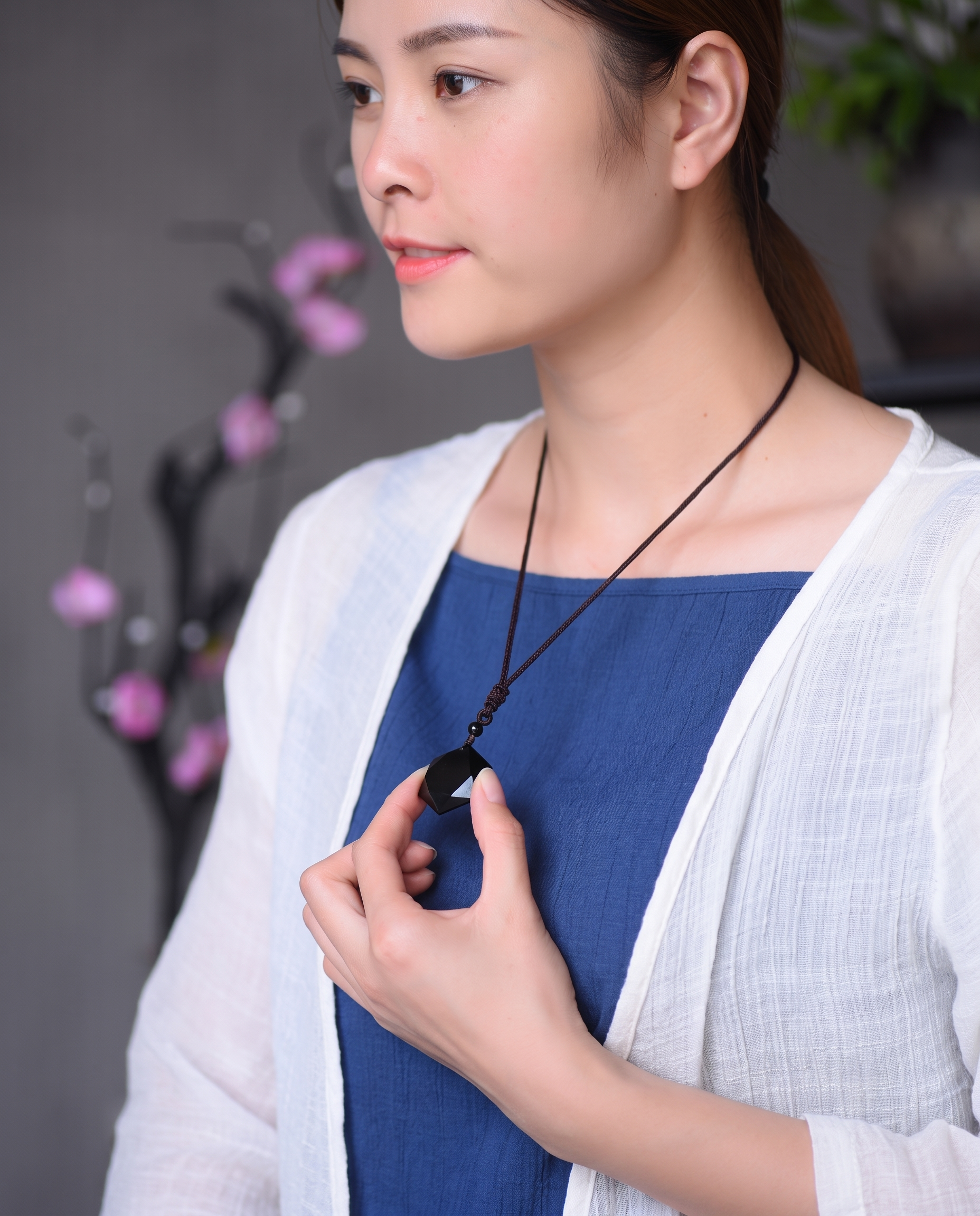 Obsidian Geometry Pendant Necklace hexagram worn