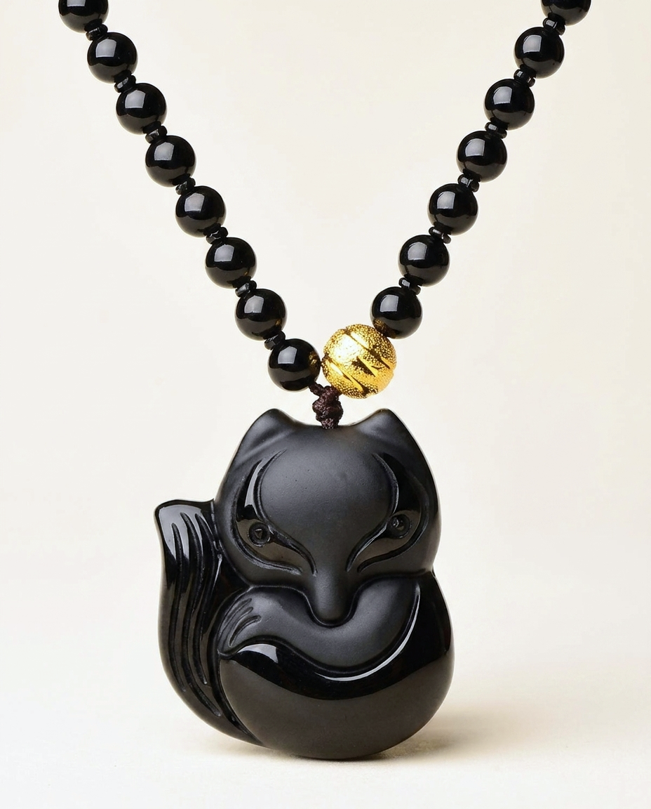 Fox obsidian pendant necklace on ivory studio background