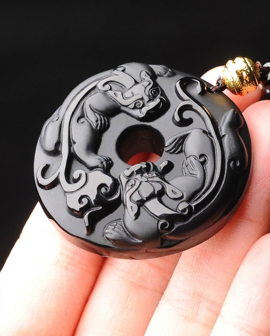 Twin Pixiu obsidian pendant held in hand