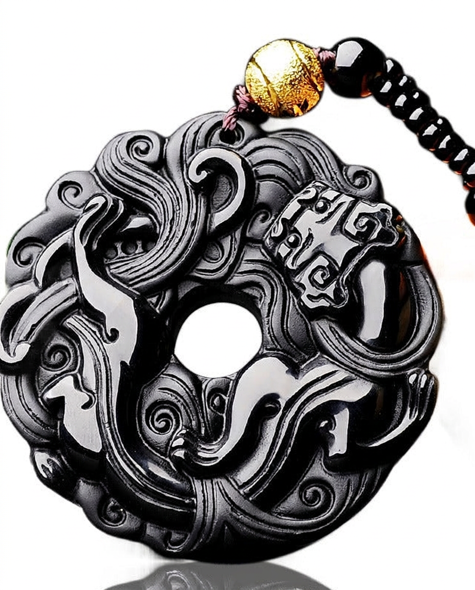 Coiled Pixiu obsidian ring pendant carved edge to edge