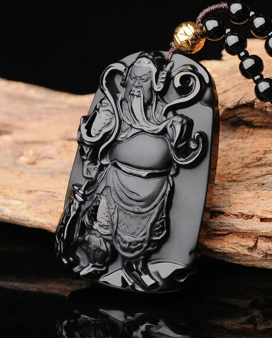 Guan Kong carved obsidian pendant on beaded cord
