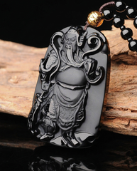Guan Kong carved obsidian pendant on beaded cord