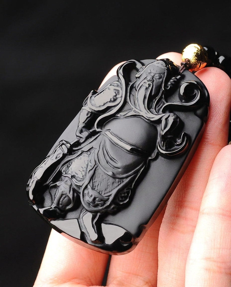 Guan Kong obsidian pendant held in hand
