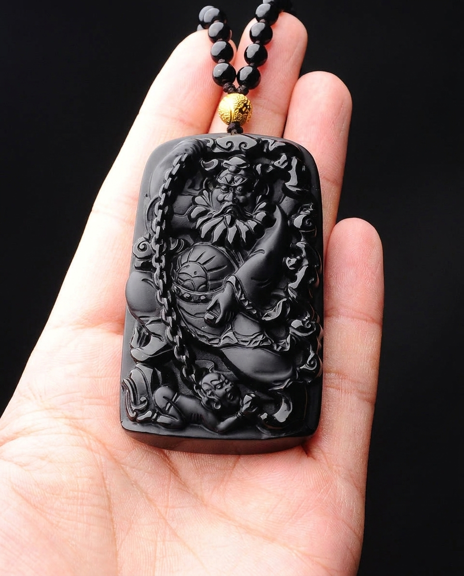 Zhong Kui carved obsidian pendant on beaded cord