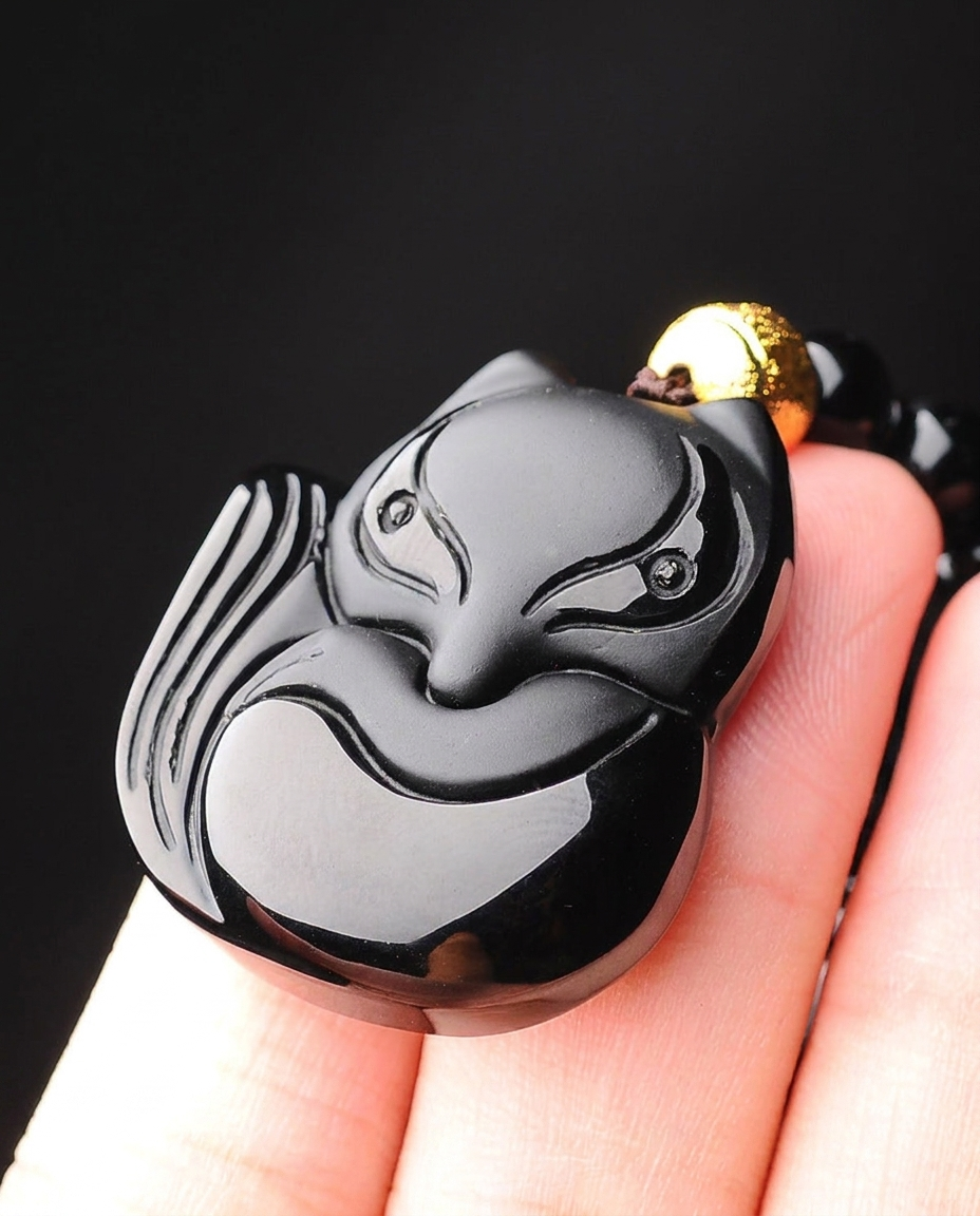 Fox obsidian pendant held in hand