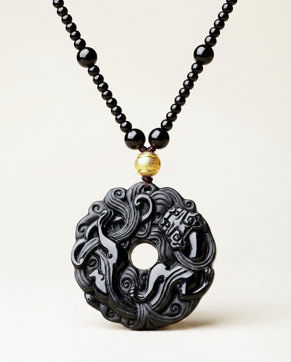 Coiled Pixiu obsidian pendant necklace on ivory studio background
