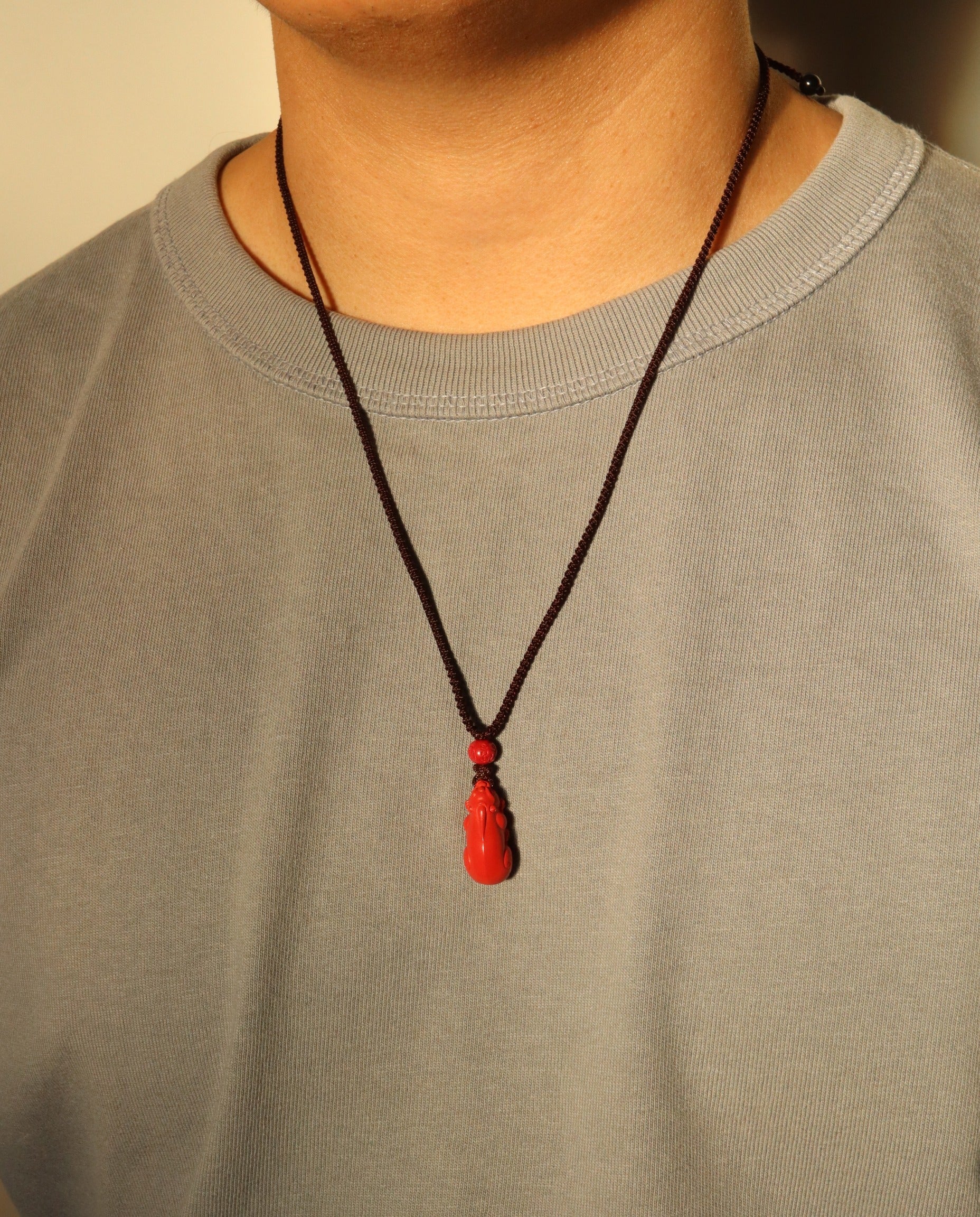 Pixiu cinnabar necklace worn