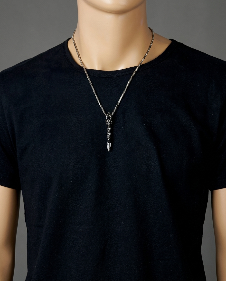 Model wearing the crossed vajra dagger necklace