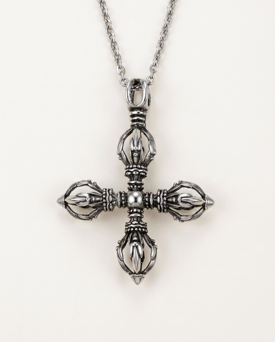 Double vajra cross pendant detail