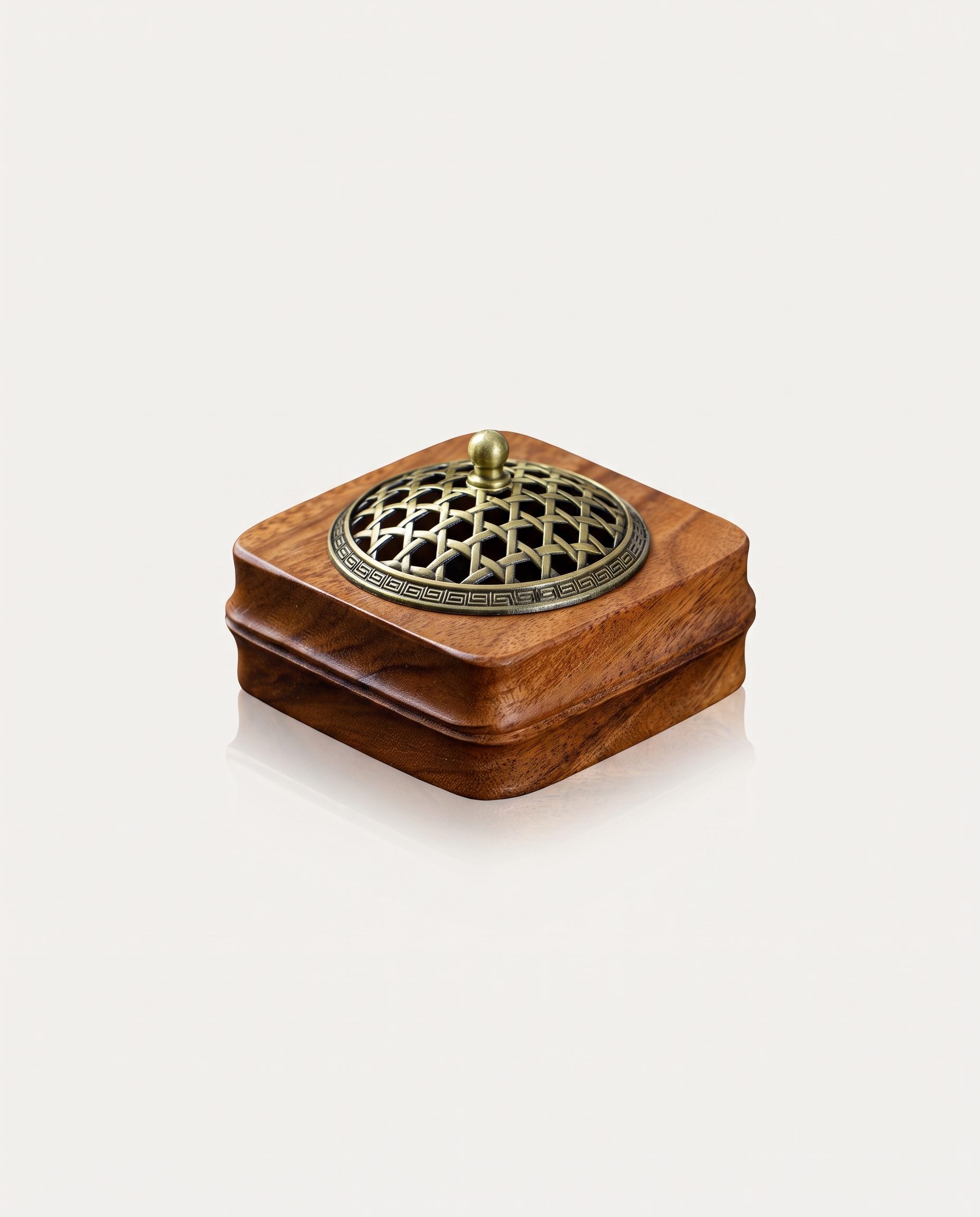 Walnut Incense Burner, Bamboo Ascending, bamboo-weave lid, angled