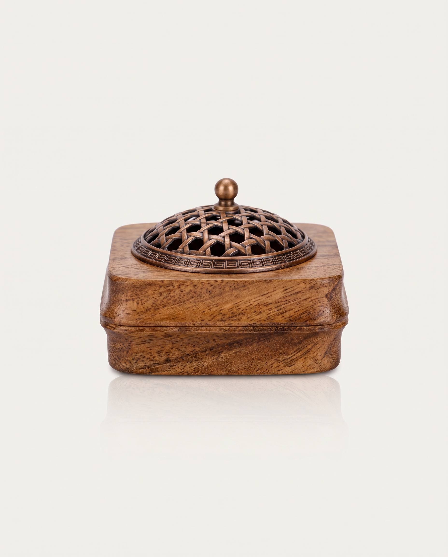 Walnut Incense Burner, Bamboo Ascending, bamboo-weave lid
