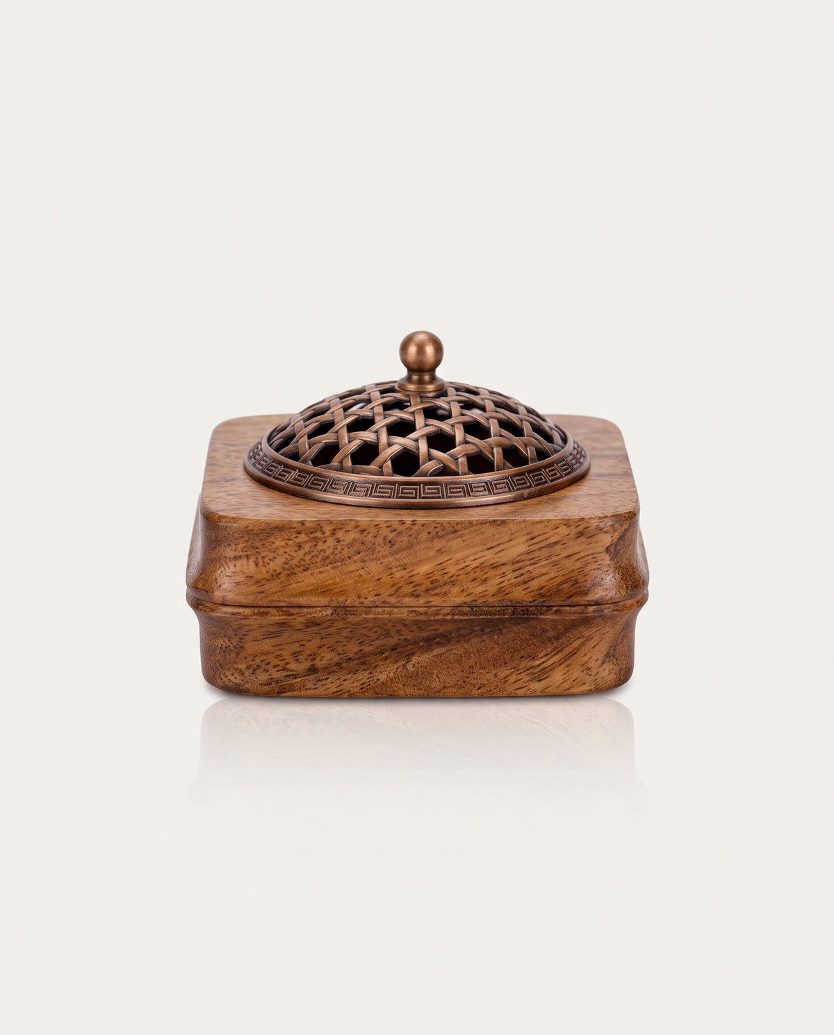 Walnut Incense Burner, Bamboo Ascending, bamboo-weave lid