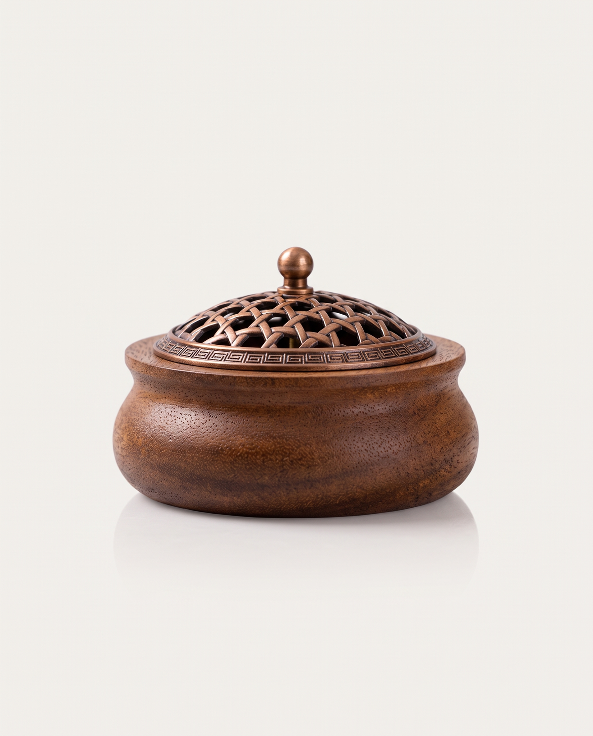 Walnut Incense Burner, Gathered Blessings, bamboo-weave lid