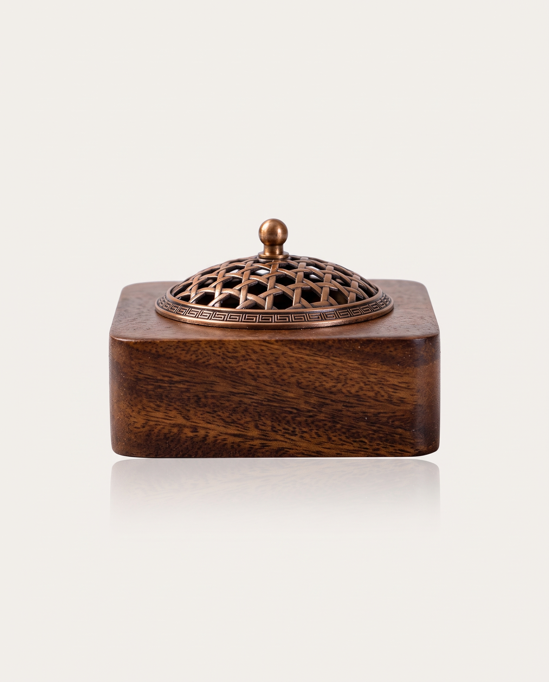 Walnut Incense Burner, Unmoved Mountain, bamboo-weave lid