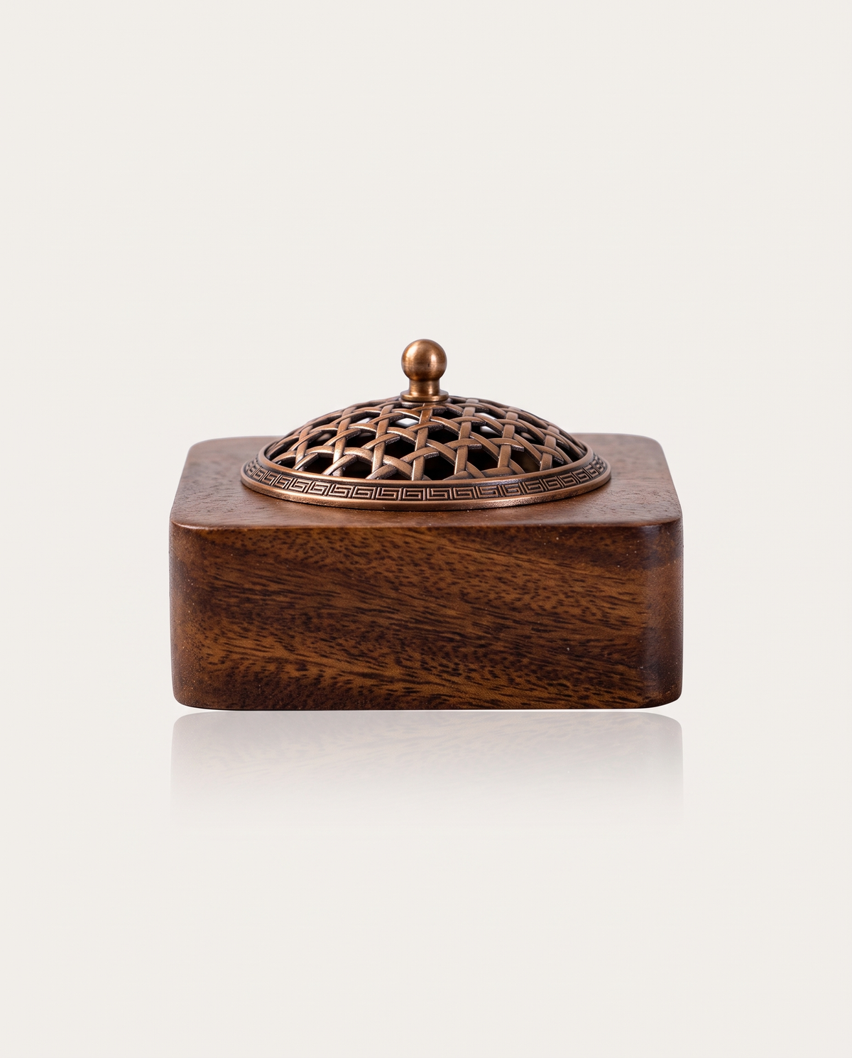 Walnut Incense Burner, Unmoved Mountain, bamboo-weave lid