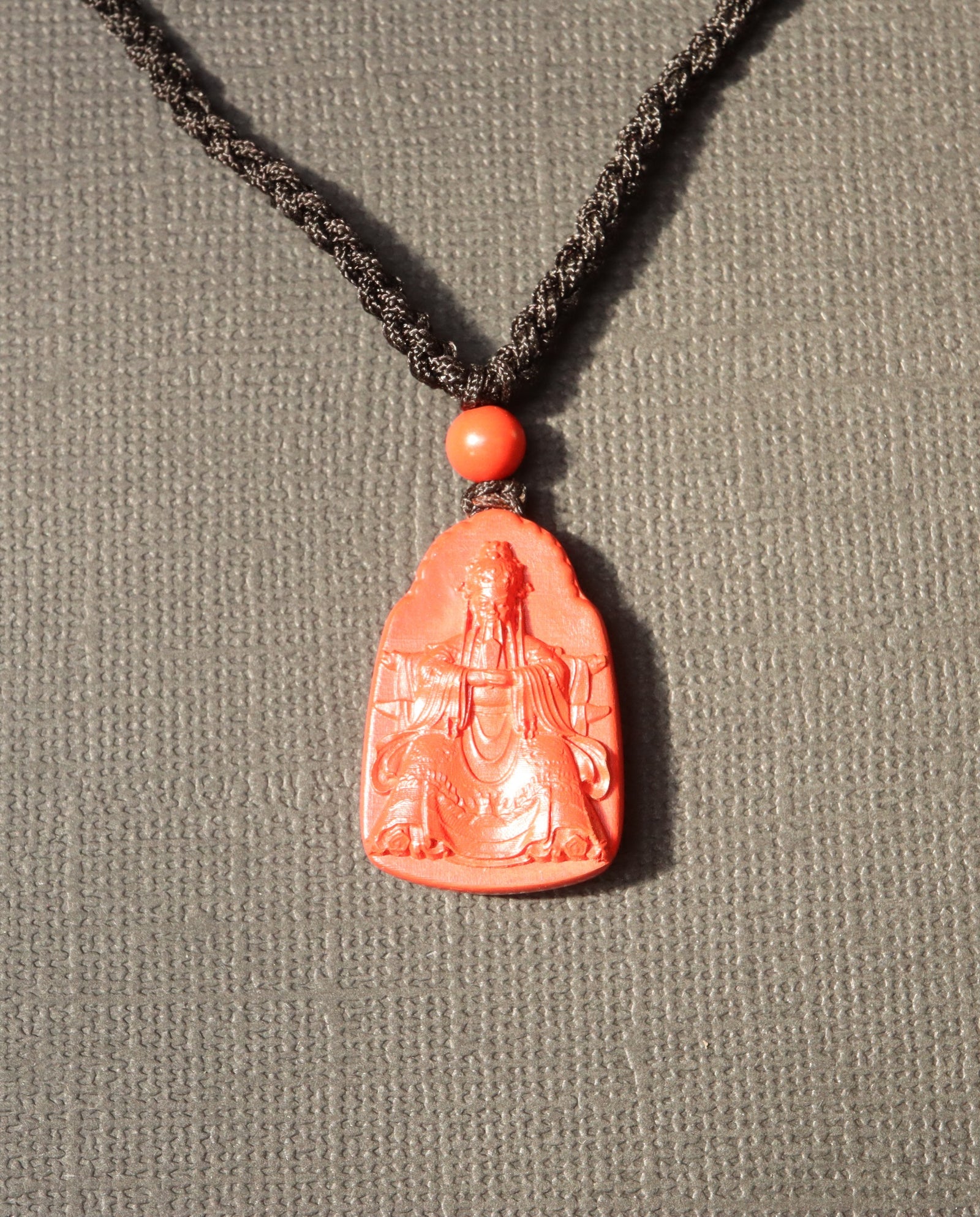 Wealth God cinnabar necklace worn