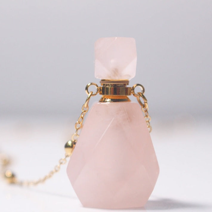 Rose Quartz Crystal Potion Bottle Necklace with Gold Chain
