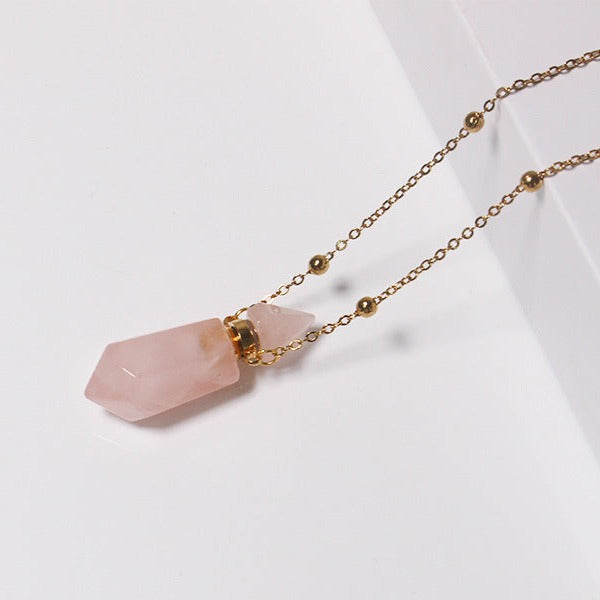 Rose Quartz Crystal Potion Bottle Necklace with Gold Chain