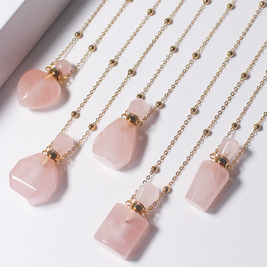 Rose Quartz Crystal Potion Bottle Necklace with Gold Chain